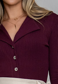 Women’s Yrma wine fitted V-neck long-sleeve top with button detailing by Elizabeth Lozano